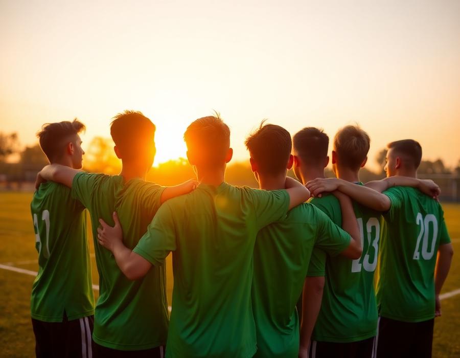 Une équipe de jeunes footballeurs vue de dos face au coucher de soleil